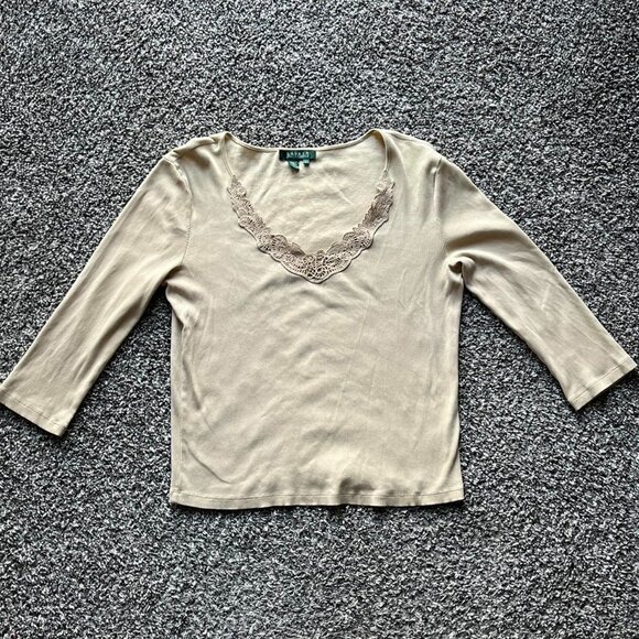 Ralph Lauren Top Womens Large Ivory Lace Cottagecore Fairy Long Sleeve Blouse - Picture 1 of 6